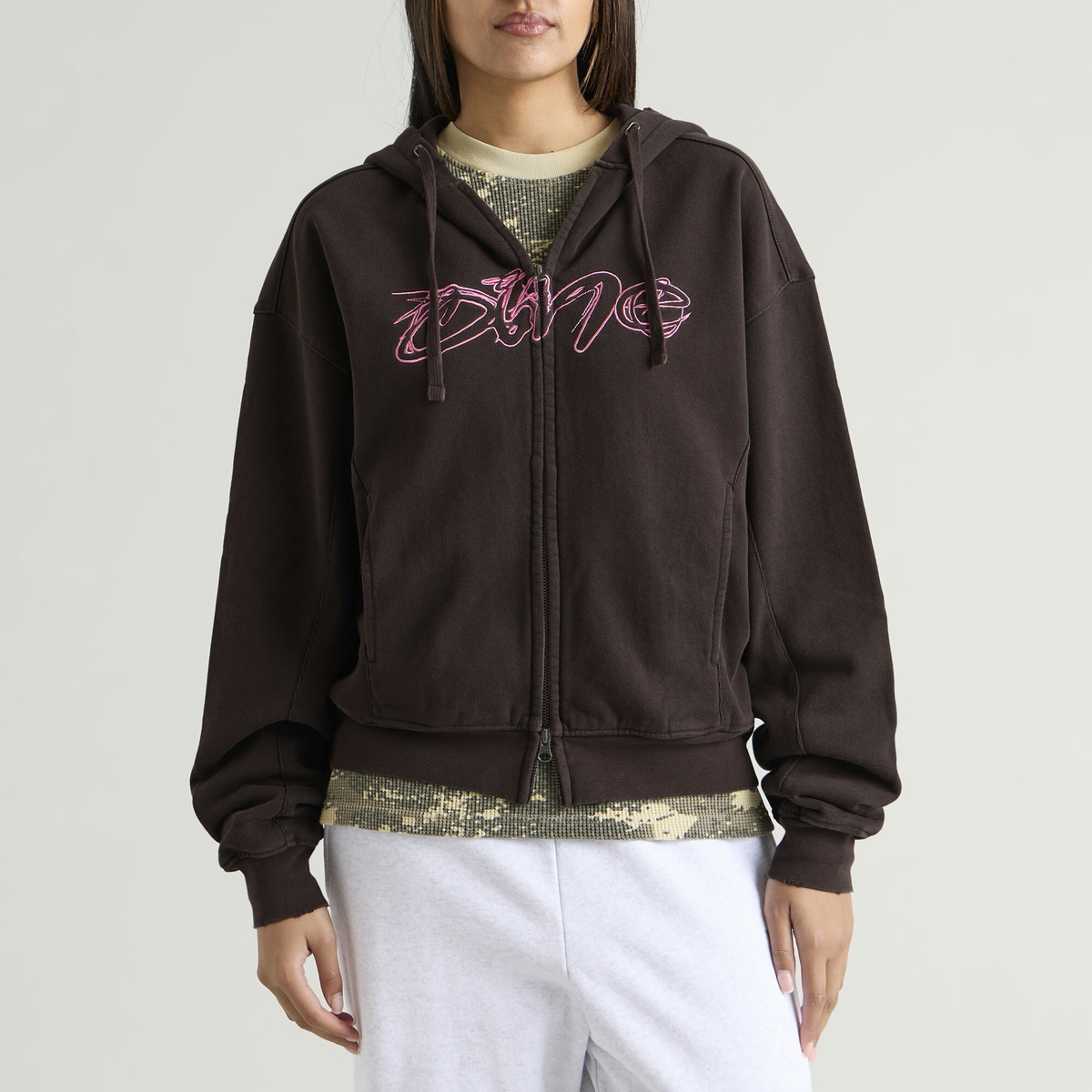 Dime Women's Distressed Terry Zip Hoodie in Brown