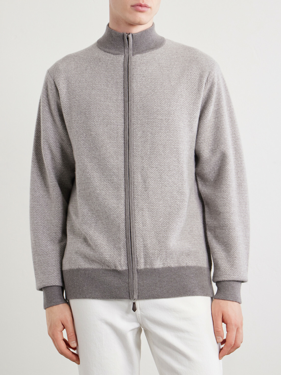 N.PEAL - Birdseye Textured Organic Cashmere Zip-Up Cardigan - Gray