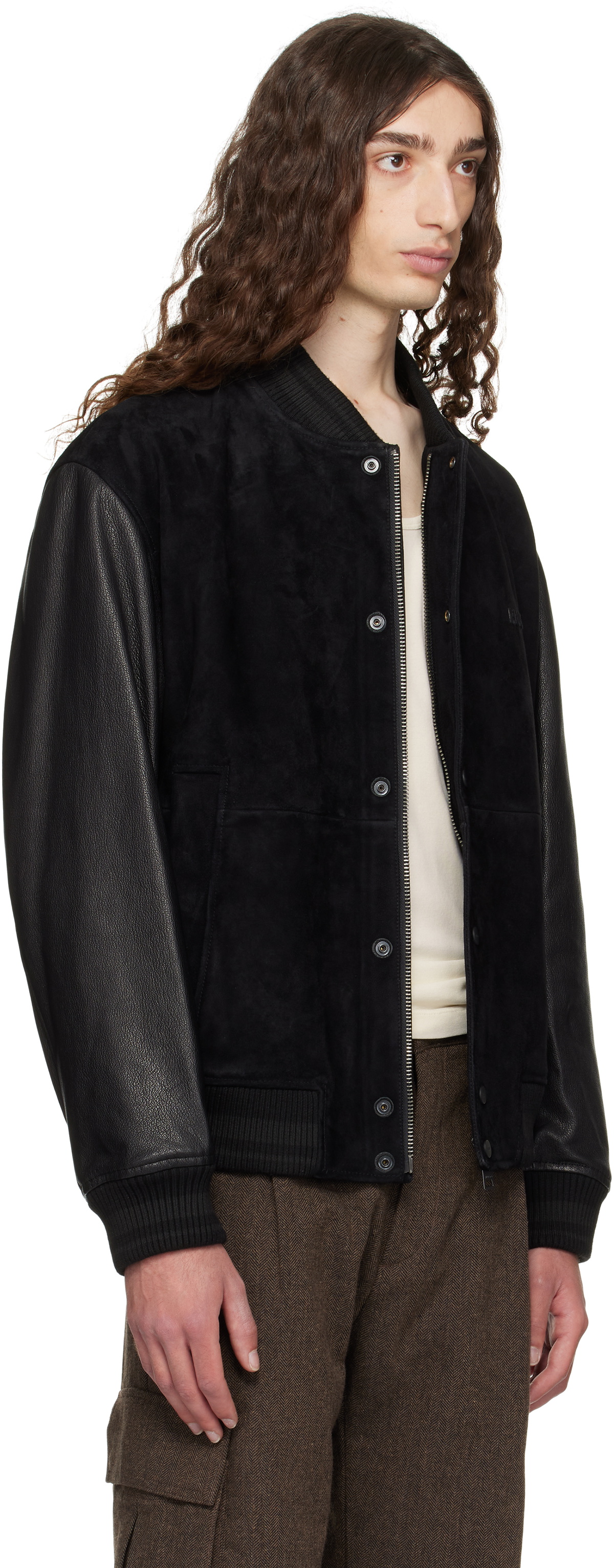 Hugo Black Embossed-Logo Leather Bomber Jacket
