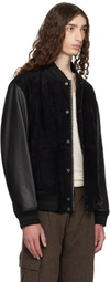 Hugo Black Embossed-Logo Leather Bomber Jacket