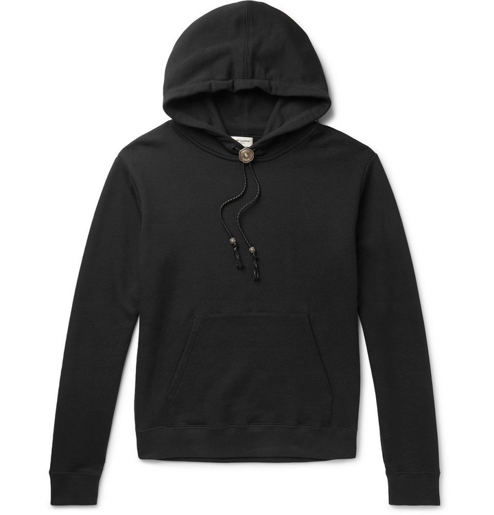 Photo: Saint Laurent - Bolo Tie Leather-Trimmed Loopback Cotton-Jersey Hoodie - Men - Black