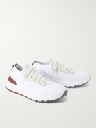 Brunello Cucinelli - Leather-Trimmed Stretch-Knit Sneakers - White