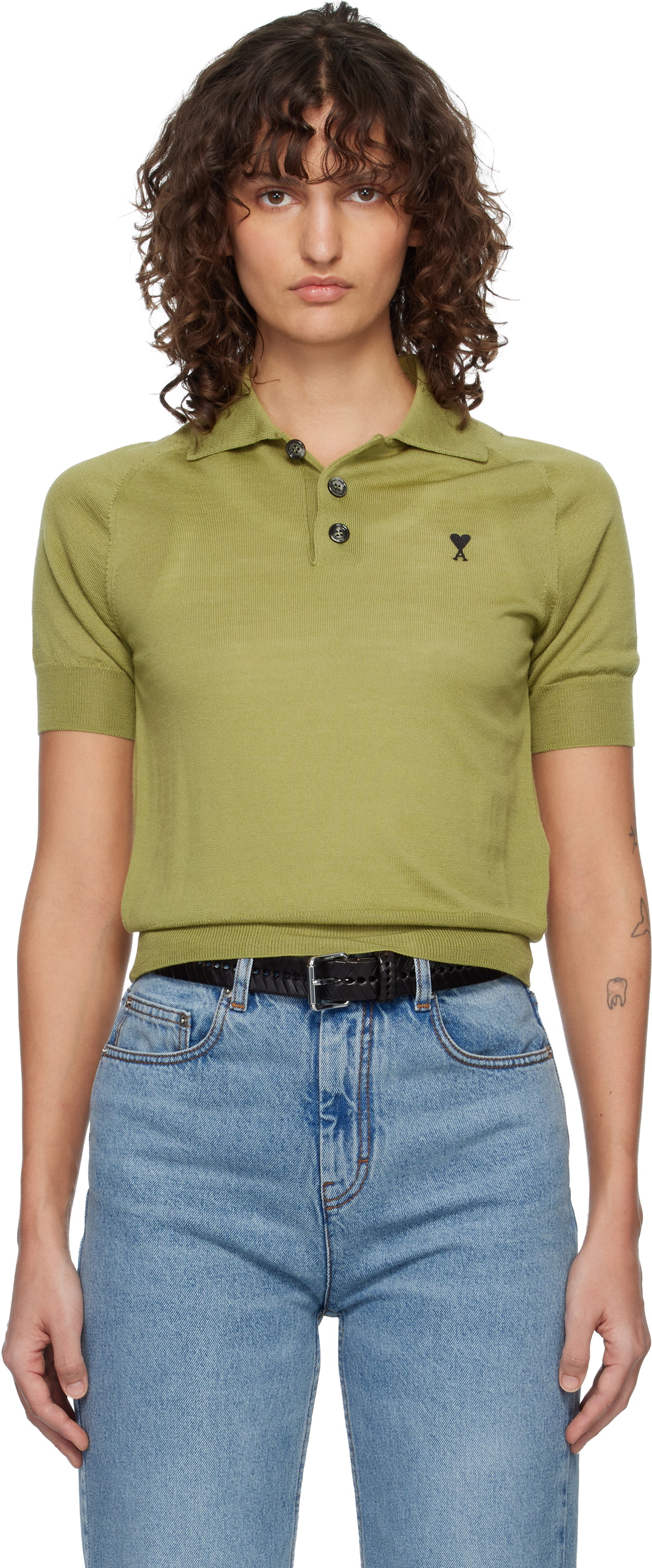 AMI Paris Green Wool Short Sleeves Ami De Coeur Polo