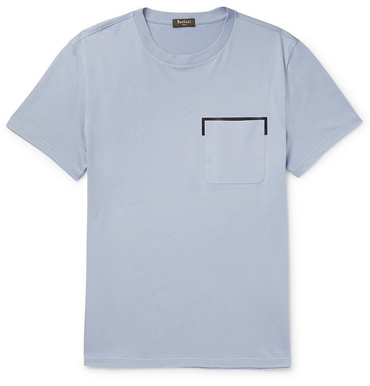 Photo: Berluti - Leather-Trimmed Cotton-Jersey T-Shirt - Men - Blue