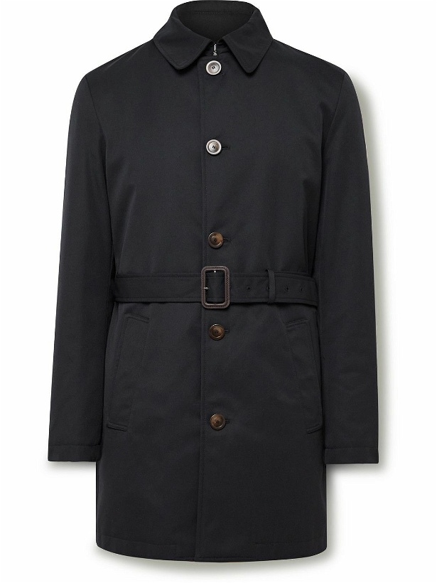 Photo: Canali - Leather-Trimmed Belted Padded Twill Trench Coat - Blue