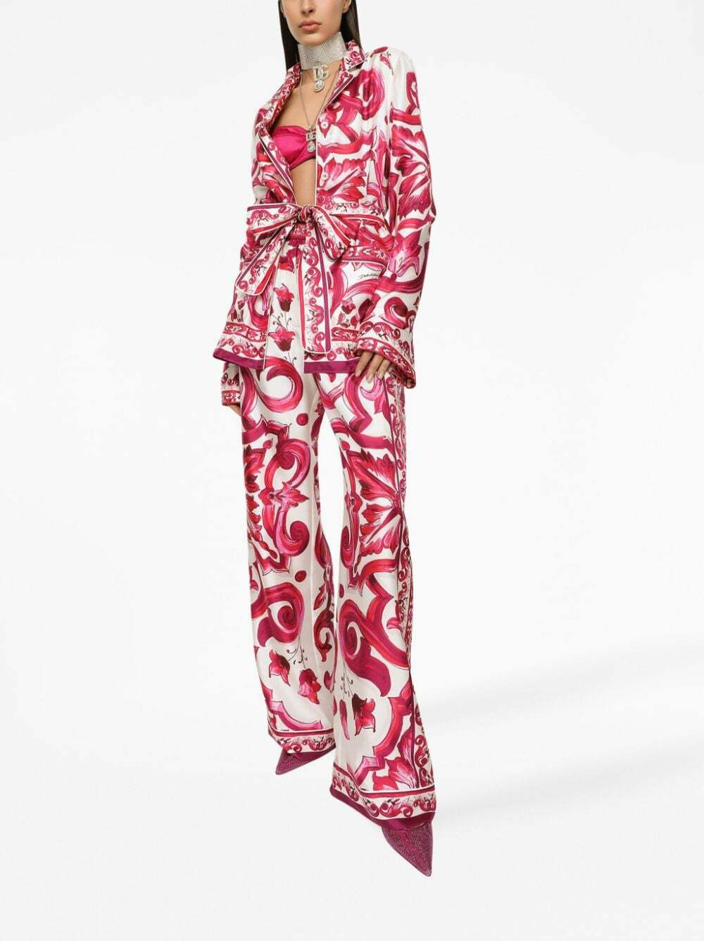 DOLCE & GABBANA - Majolica Print Wide Leg Silk Trousers