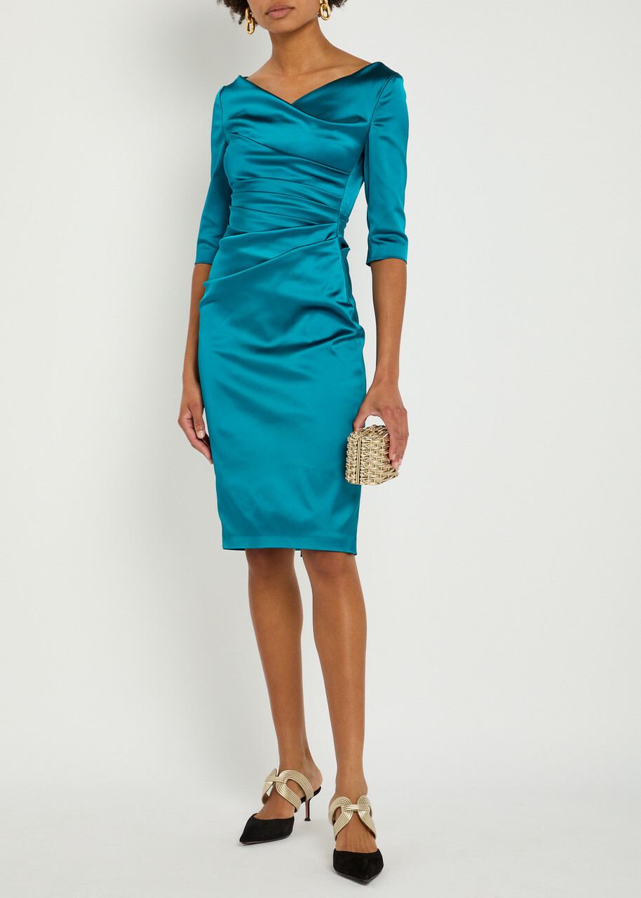 Talbot Runhof Gathered Satin Midi Dress Teal