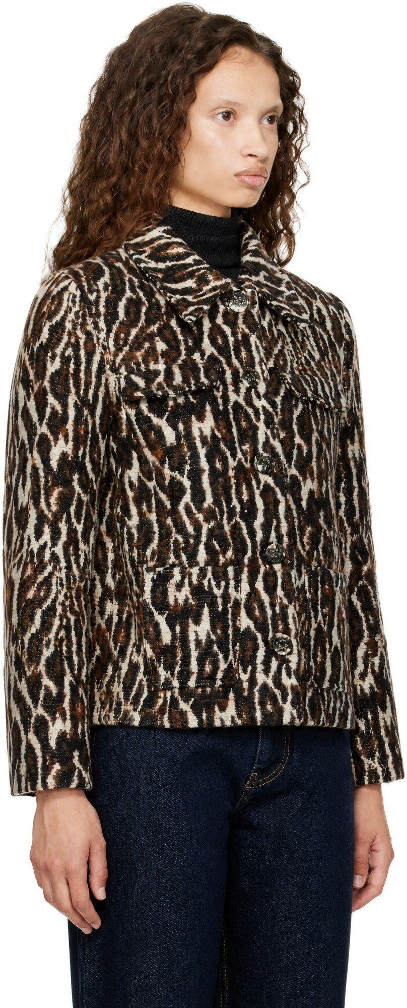 GANNI Brown Brushed Leopard Jacquard Blazer