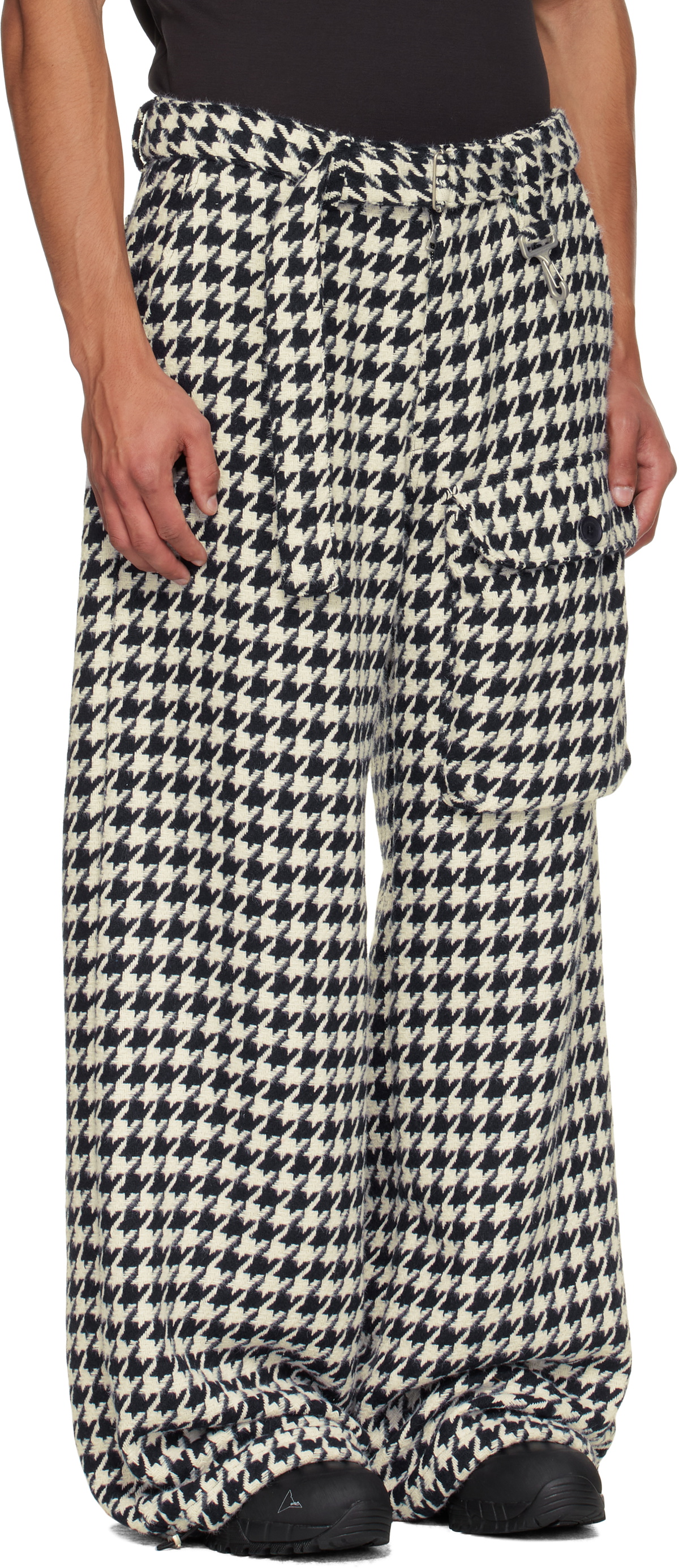 Reese Cooper Navy & White Houndstooth Patch Pocket Belted Trousers