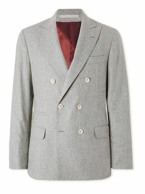 Photo: Brunello Cucinelli - Double-Breasted Wool, Silk and Cashmere-Blend Flannel Blazer - Gray