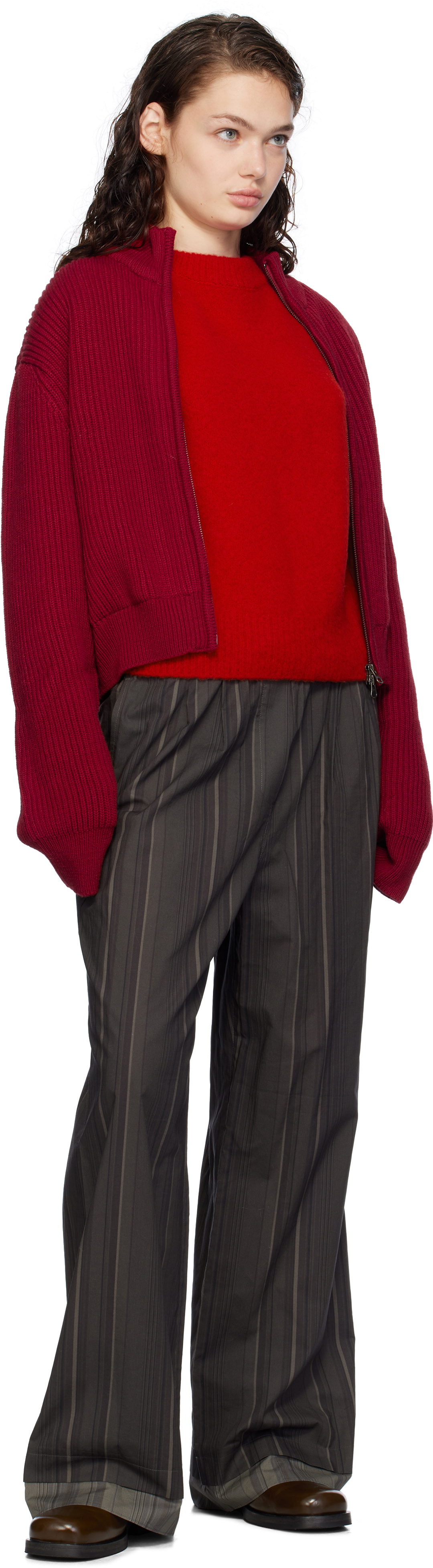AMOMENTO Red Full Needle Crop Sweater