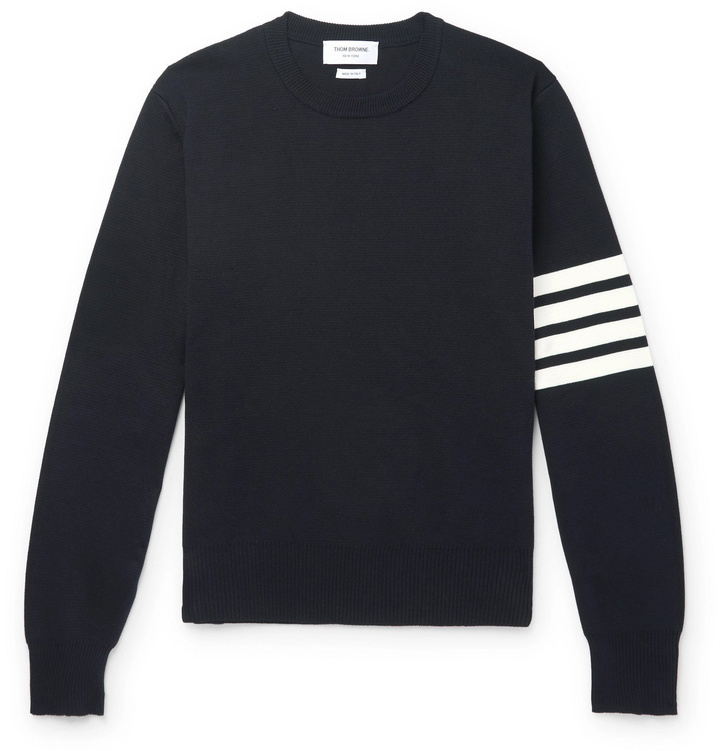 Photo: Thom Browne - Striped Grosgrain-Trimmed Cotton Sweater - Blue