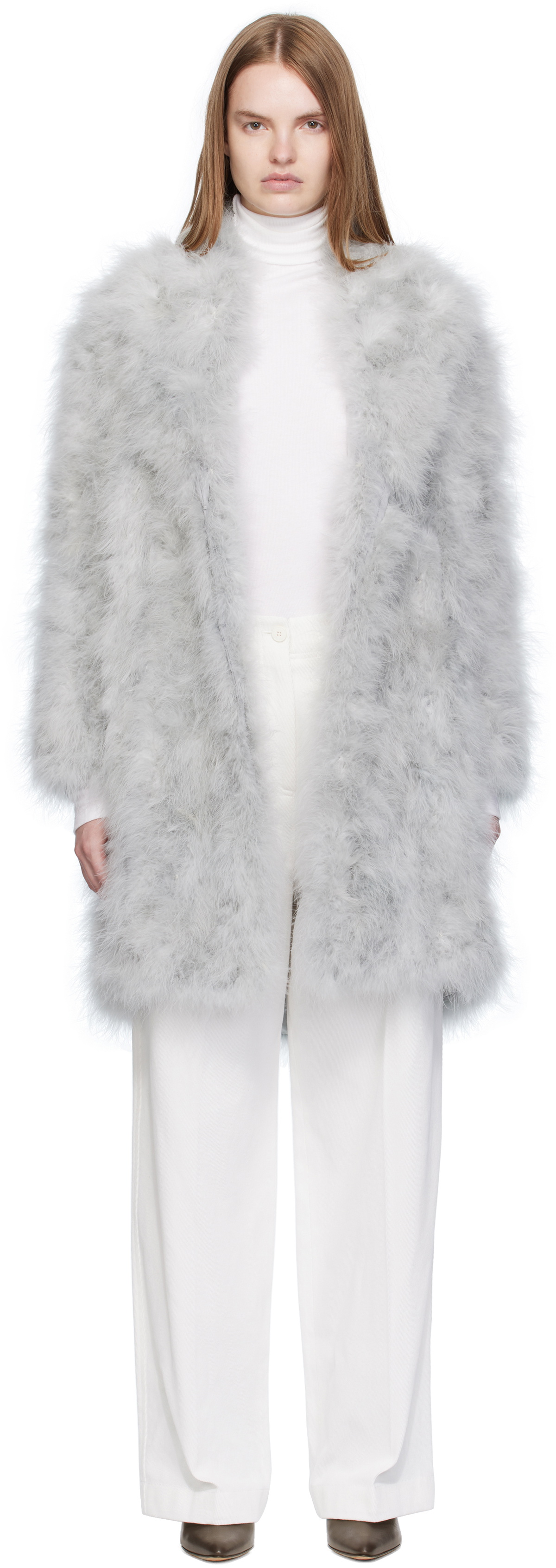Yves Salomon Gray Feather Shawl Collar Coat
