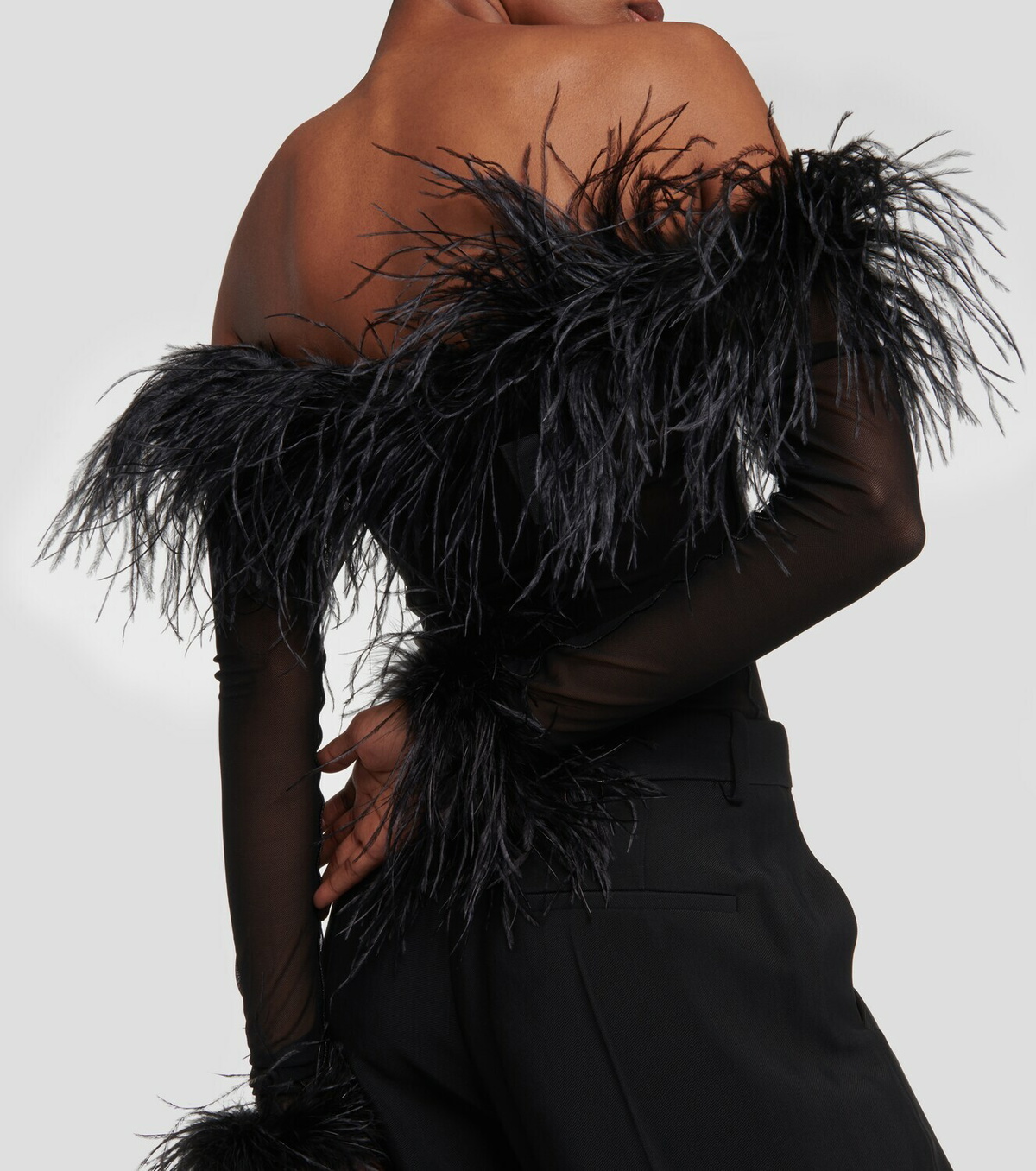 Oséree Feather-trimmed mesh bodysuit