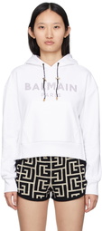 Balmain White Rhinestone Logo Cropped Hoodie