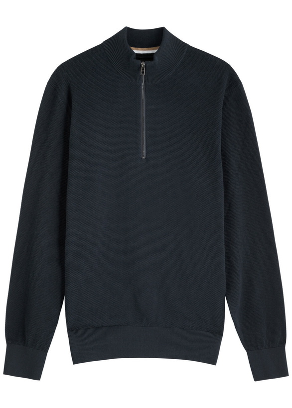Photo: Boss Textured Half-zip Cotton Jumper Navy