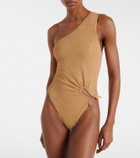 Oséree Embellished one-shoulder lamé swimsuit