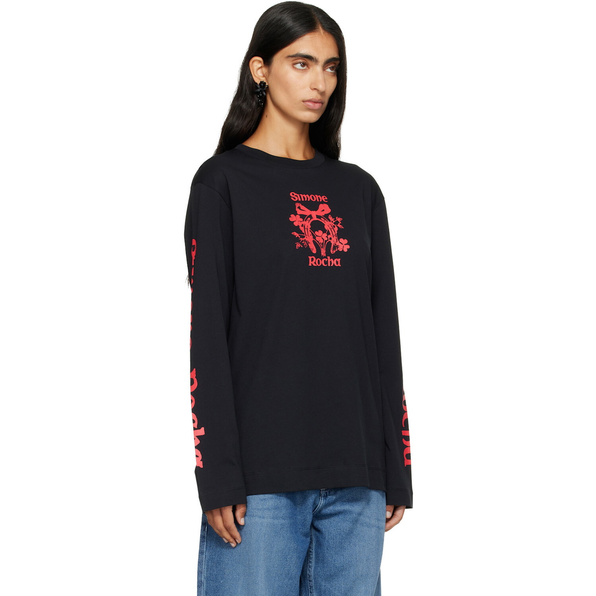 Simone Rocha Black 'Coming Up Roses' Print Long Sleeve T-shirt