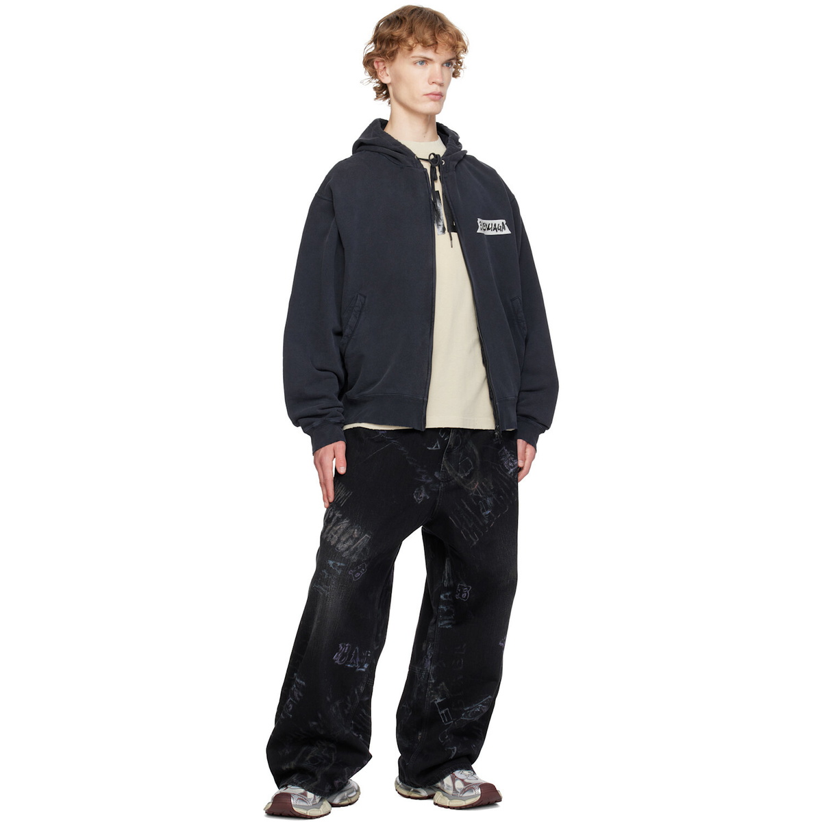 Balenciaga Black Masking Tape Oversized Zip-Up Hoodie