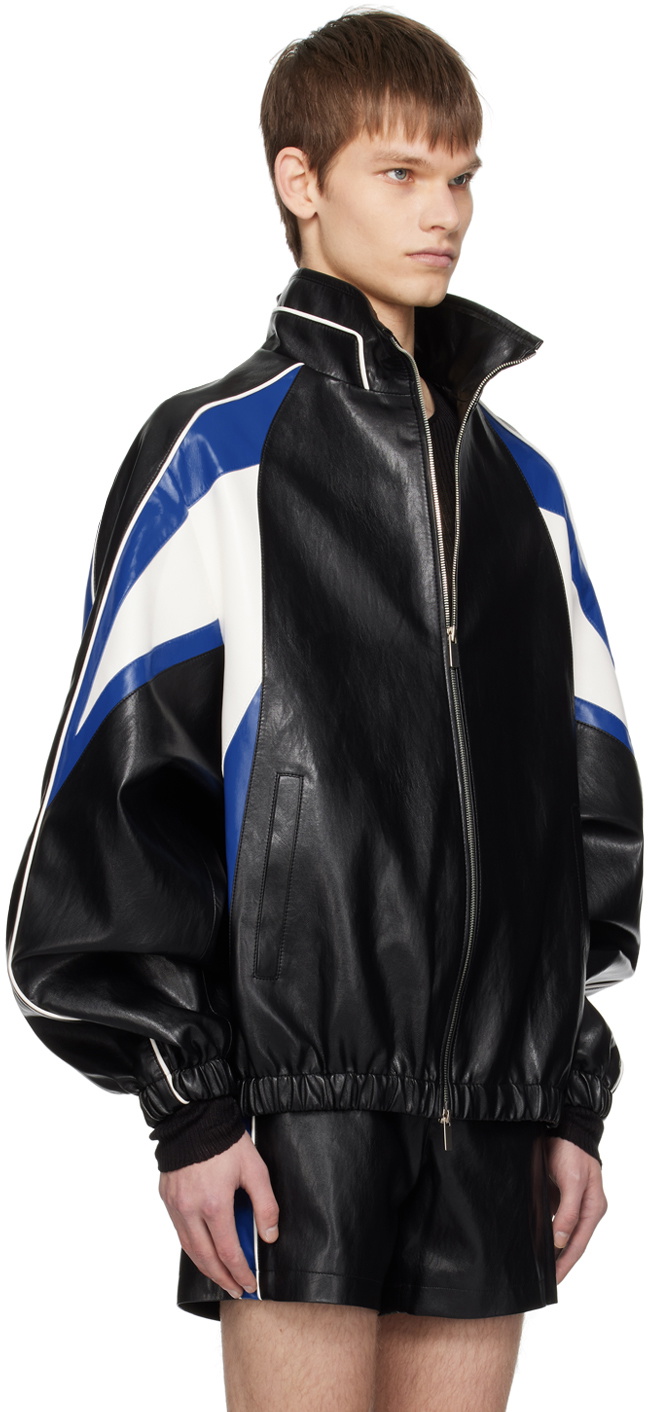 System Black & Blue Paneled Faux-Leather Bomber Jacket