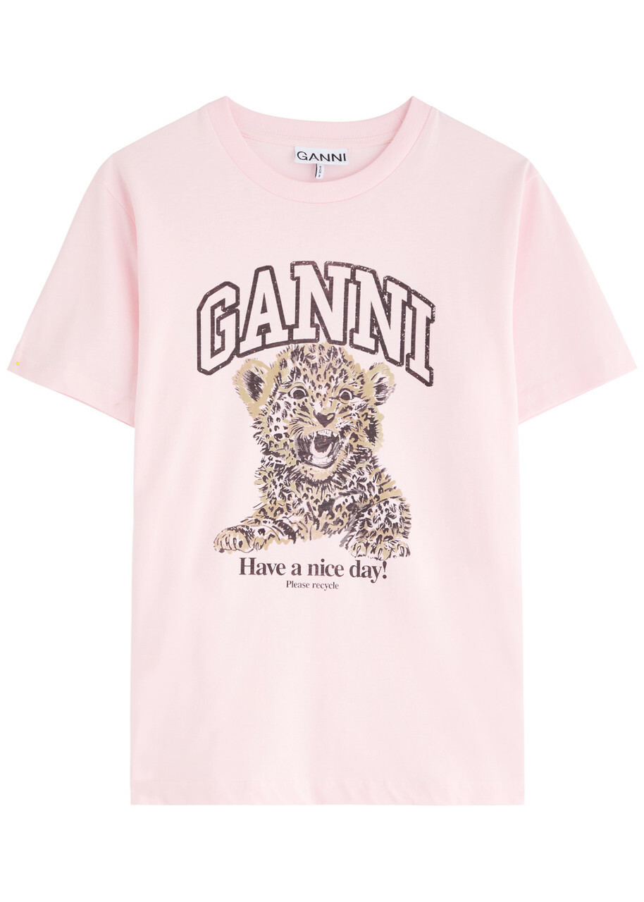 GANNI グレー 半袖Tシャツ ピンクロゴ ガニー GANNI GANNI 半袖 Tシャツ Basic cotton Jersey T-shirt ロゴ