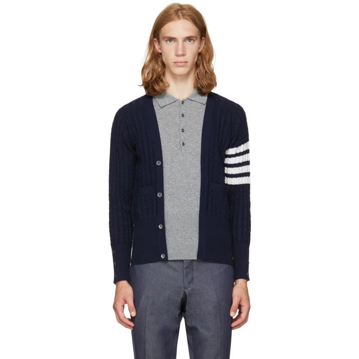 Photo: Thom Browne Navy Four Bar Trompe LOeil V-Neck Cardigan Polo