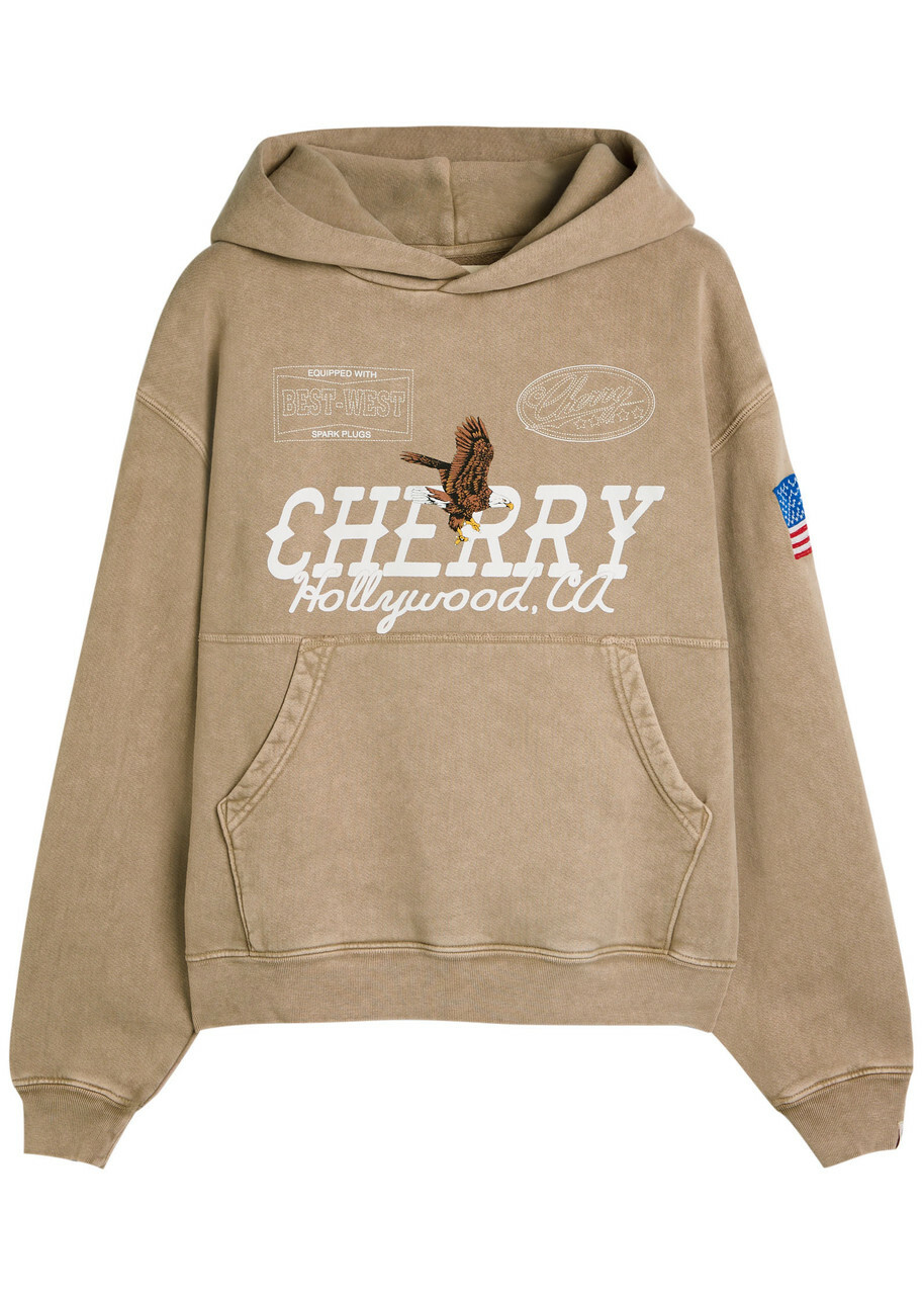 Cherry Los Angeles Hollywood Logo Hooded Cotton Sweatshirt Tan