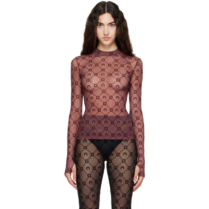 Photo: Marine Serre Burgundy Moonogram Flock LS Highneck Top