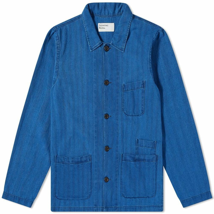 Photo: Universal Works Men's Herringbone Bakers Overshirt in Washed Indigo