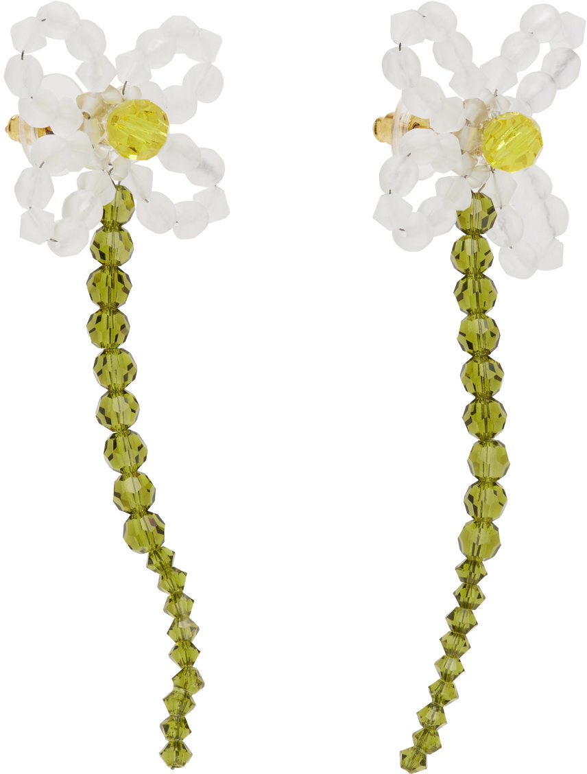 Simone Rocha Green & White Crystal Flower Earrings Simone Rocha