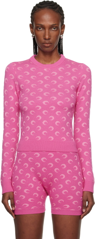 Photo: Marine Serre Pink Moon Jacquard Knit Fitted Crewneck Sweater