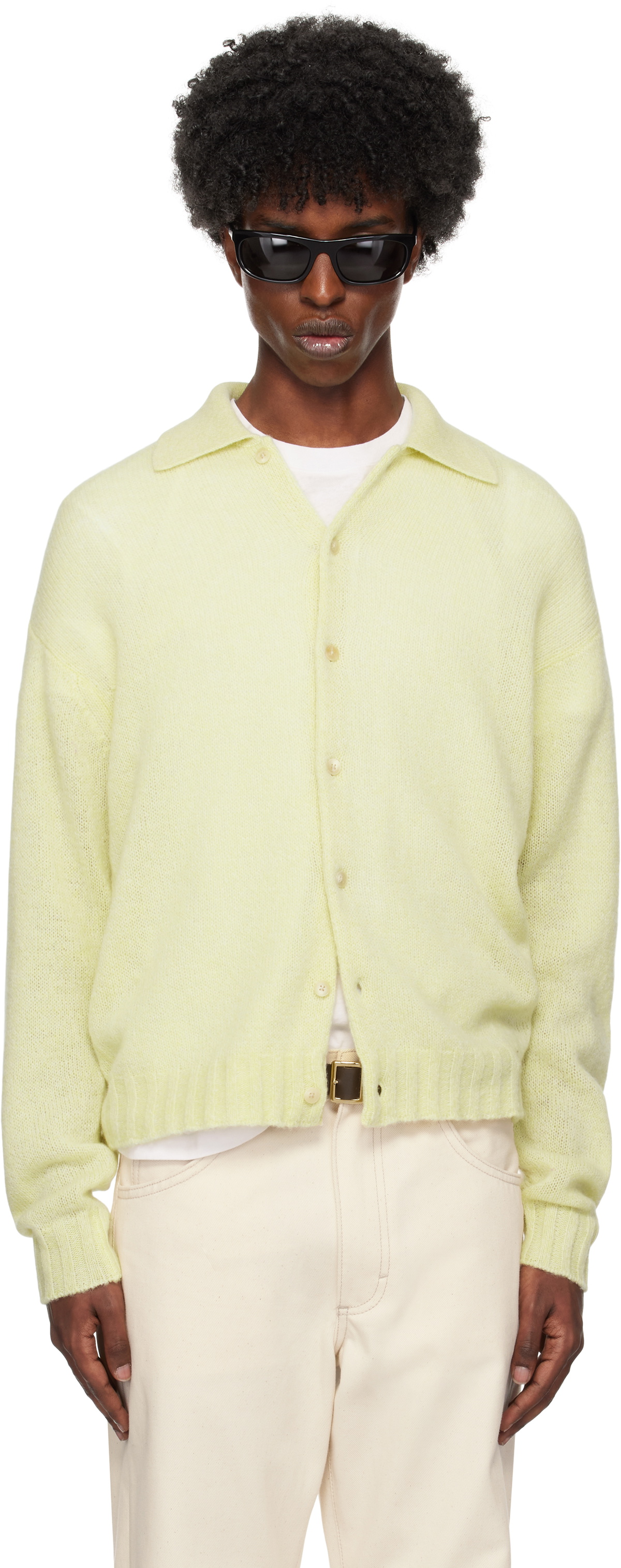 AURALEE: Yellow Shetland Wool Cashmere Knit Cardigan | SSENSE