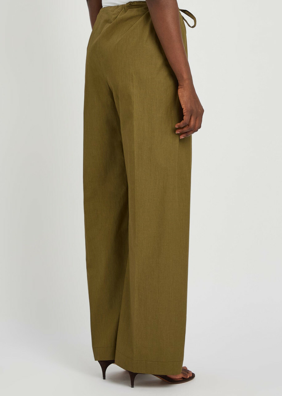 Another Tomorrow Drawstring Straight-leg Cotton-poplin Trousers Dark Green