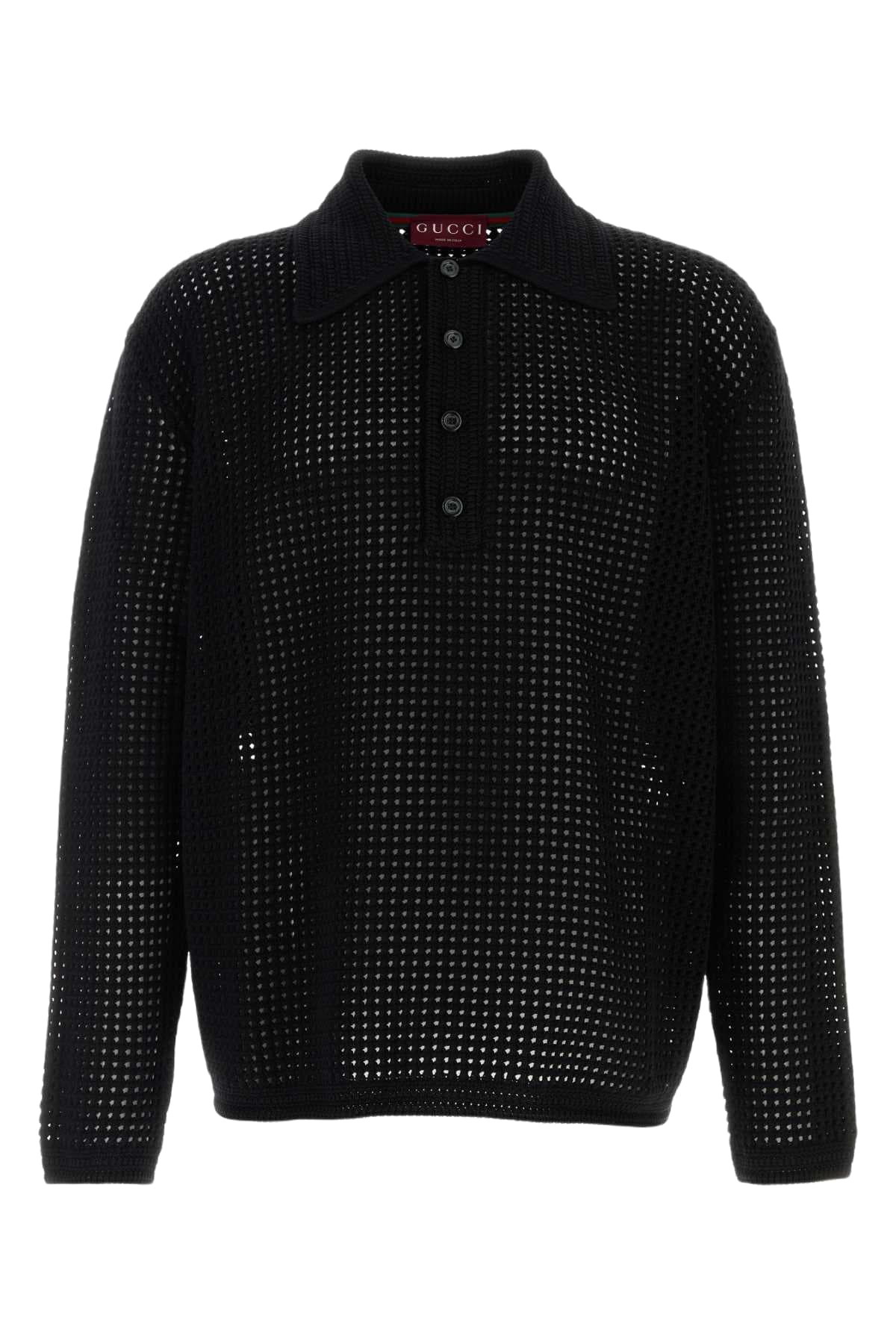 Tシャツ・カットソー GUCCI FW25 Black crochet polo shirt (827353XKEYQ 1000) Gucci Black Crochet Polo Shirt Gucci