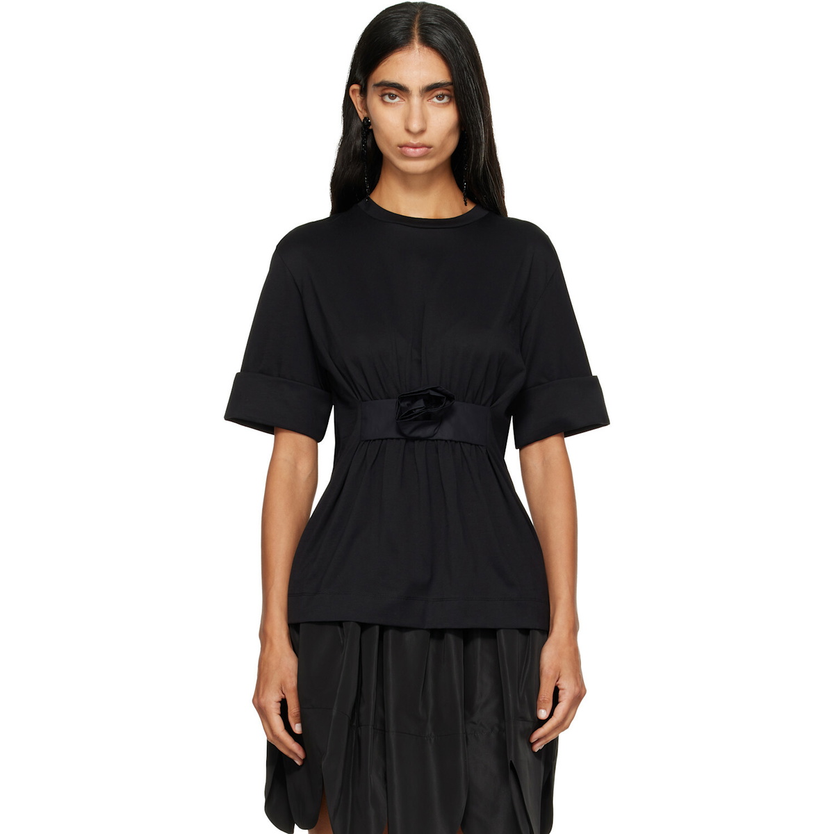 Simone Rocha Black Gathered Rose Wire Sleeve Boy T-shirt