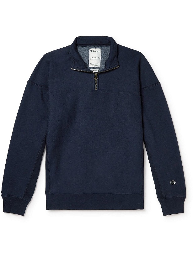 Photo: Champion - Garment-Dyed Organic Cotton-Blend Jersey Half-Zip Sweatshirt - Blue