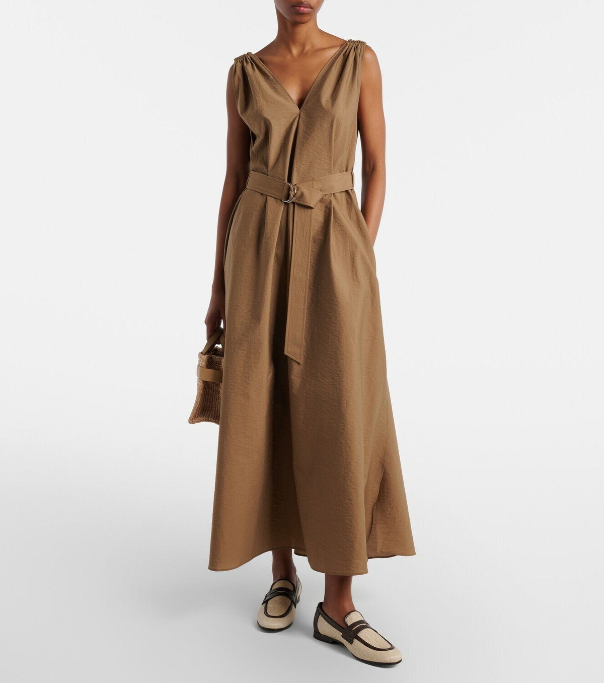 Brunello Cucinelli Belted cotton-blend midi dress