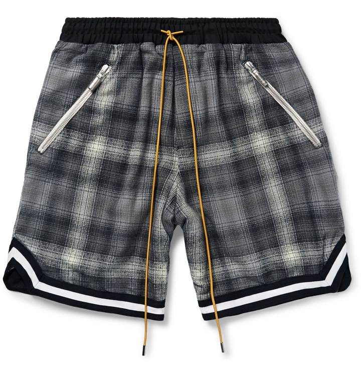Photo: Rhude - Webbing-Trimmed Checked Cotton Drawstring Shorts - Gray