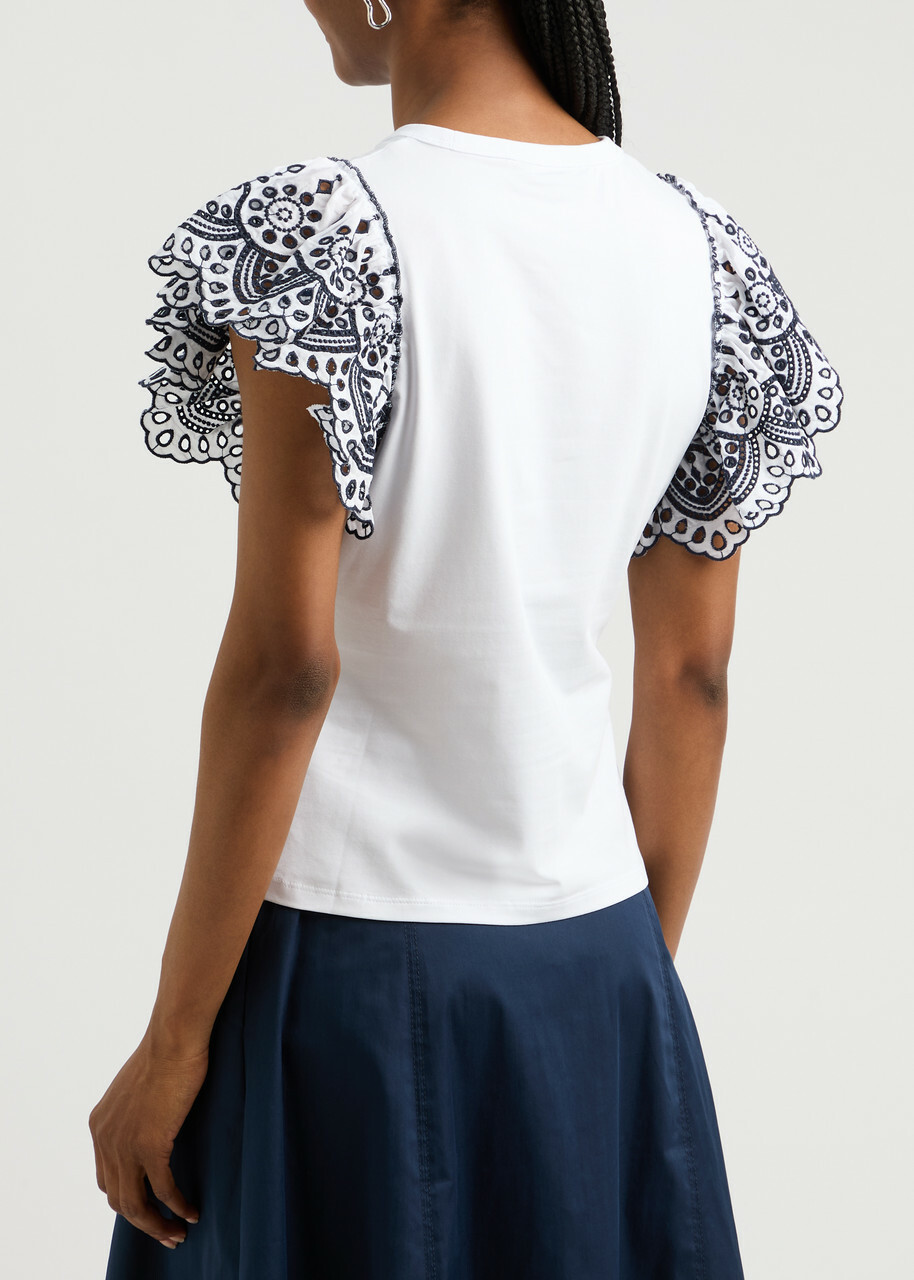 Veronica Beard Julianka Ruffled Stretch-cotton top White And Blue