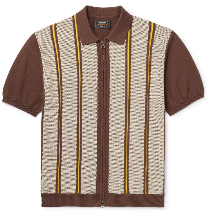 Photo: Beams Plus - Slim-Fit Striped Cotton and Linen-Blend Zip-Up Polo Shirt - Brown