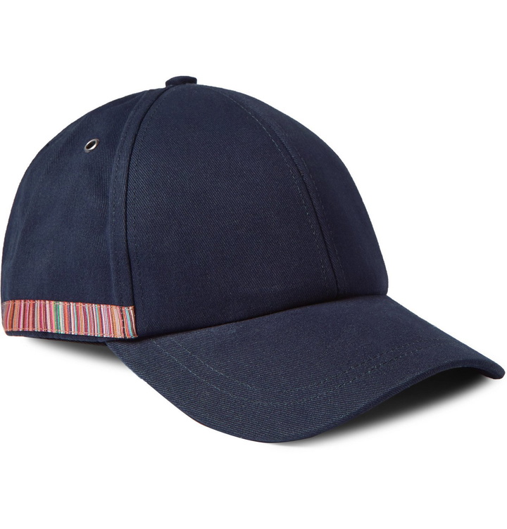 Photo: Paul Smith - Leather-Trimmed Striped Organic Cotton-Twill Baseball Cap - Blue