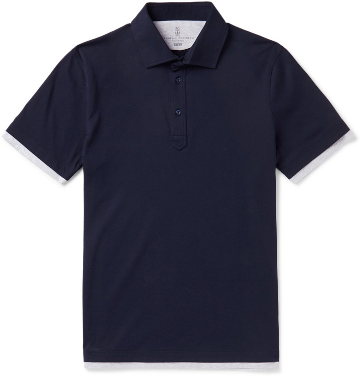 Photo: Brunello Cucinelli - Slim-Fit Layered Cotton-Jersey Polo Shirt - Blue