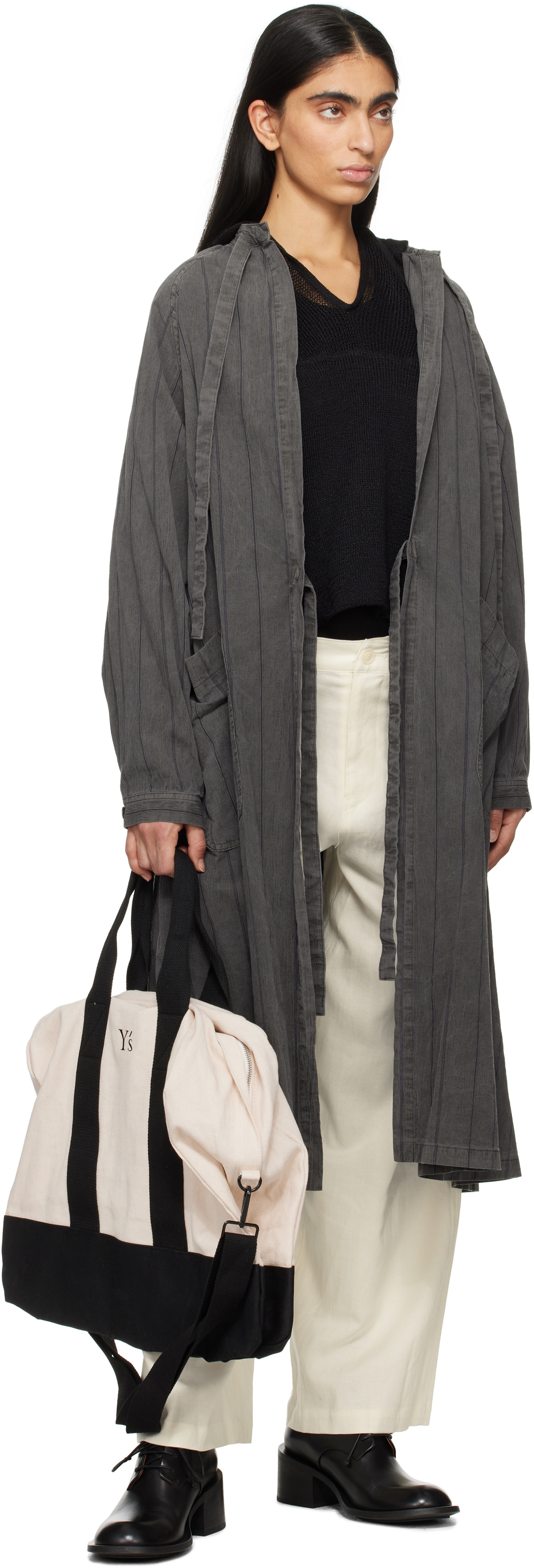 Y's Off-White & Black Canvas Combi Boston Tote