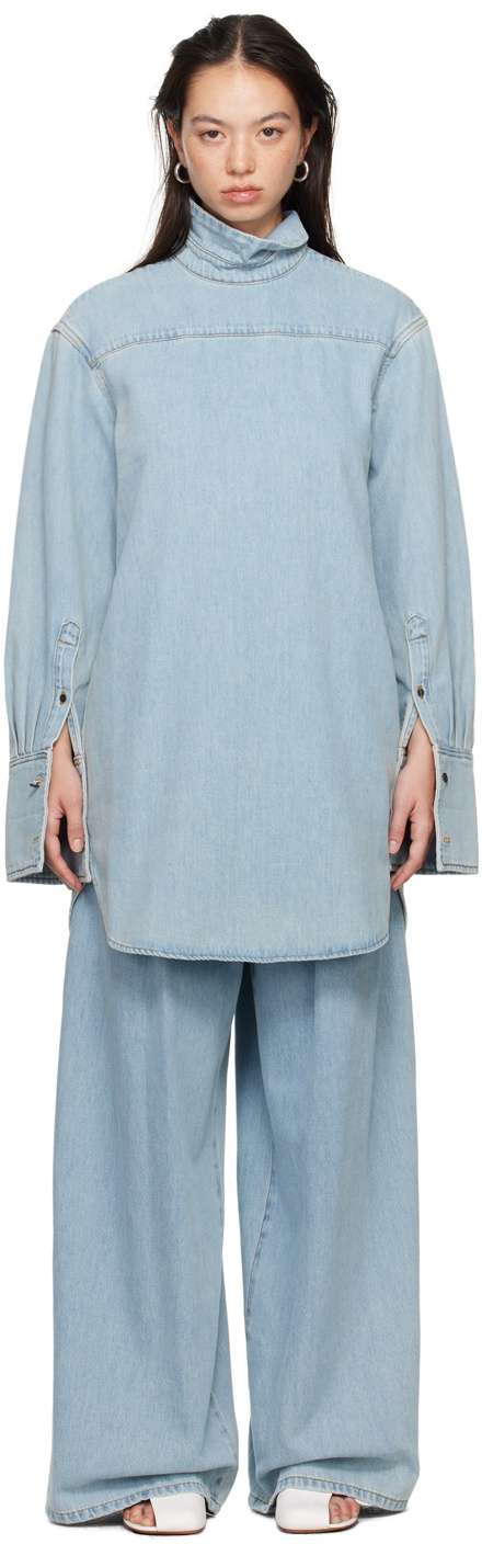 【YOURNUS】Modern Linen Denim Half Shirt Zinnie - Denim and Regenerated Leather Shirt - Mid Blue