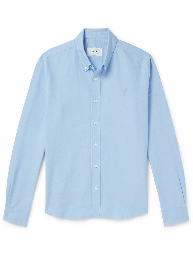 Photo: AMI PARIS - Button-Down Collar Logo-Embroiderd Cotton Shirt - Blue