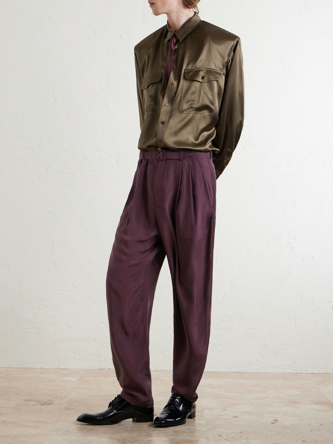 SAINT LAURENT - Tapered Belted Pleated Silk Trousers - Purple