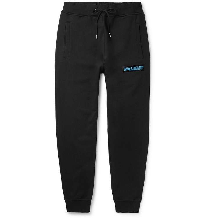 Photo: Helmut Lang - Slim-Fit Tapered Logo-Print Cotton-Jersey Sweatpants - Men - Black