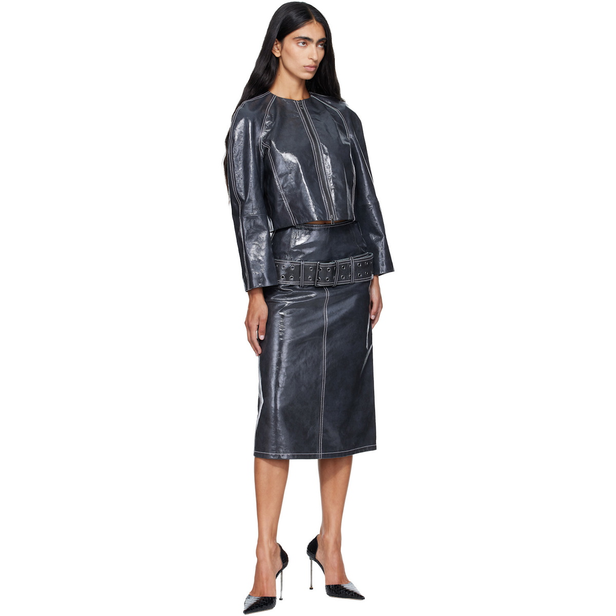 Diesel Gray Patent Leather Midi Skirt
