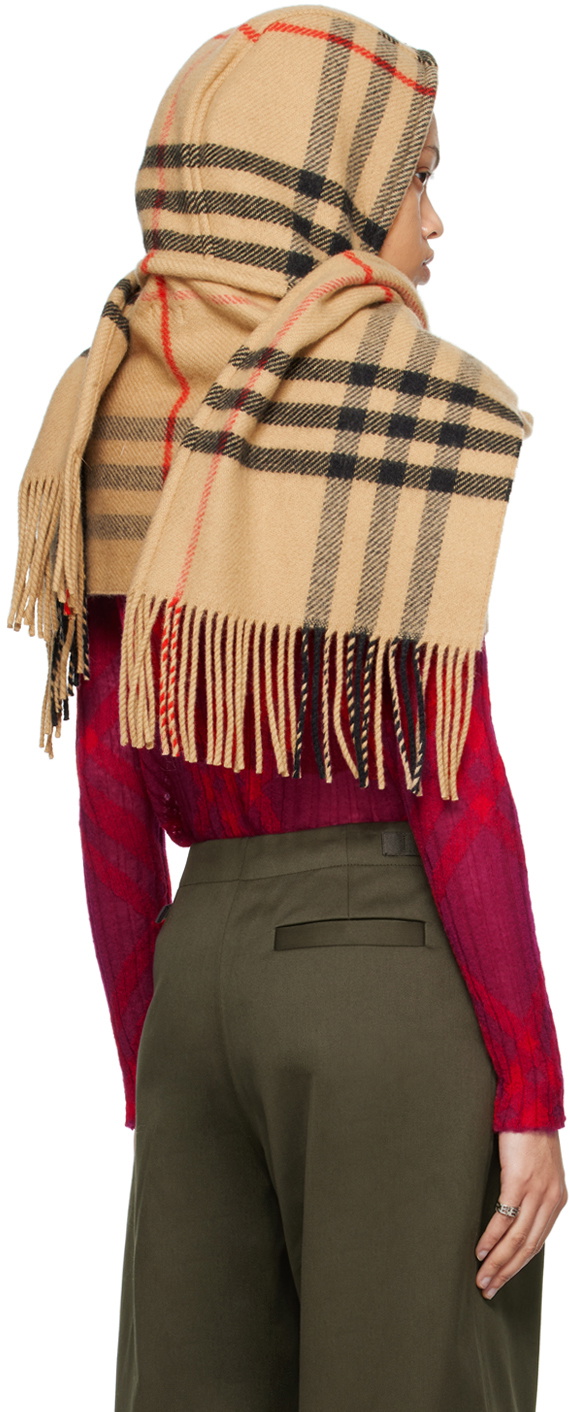 Burberry Beige Check Wool Cashmere Hooded Scarf Burberry