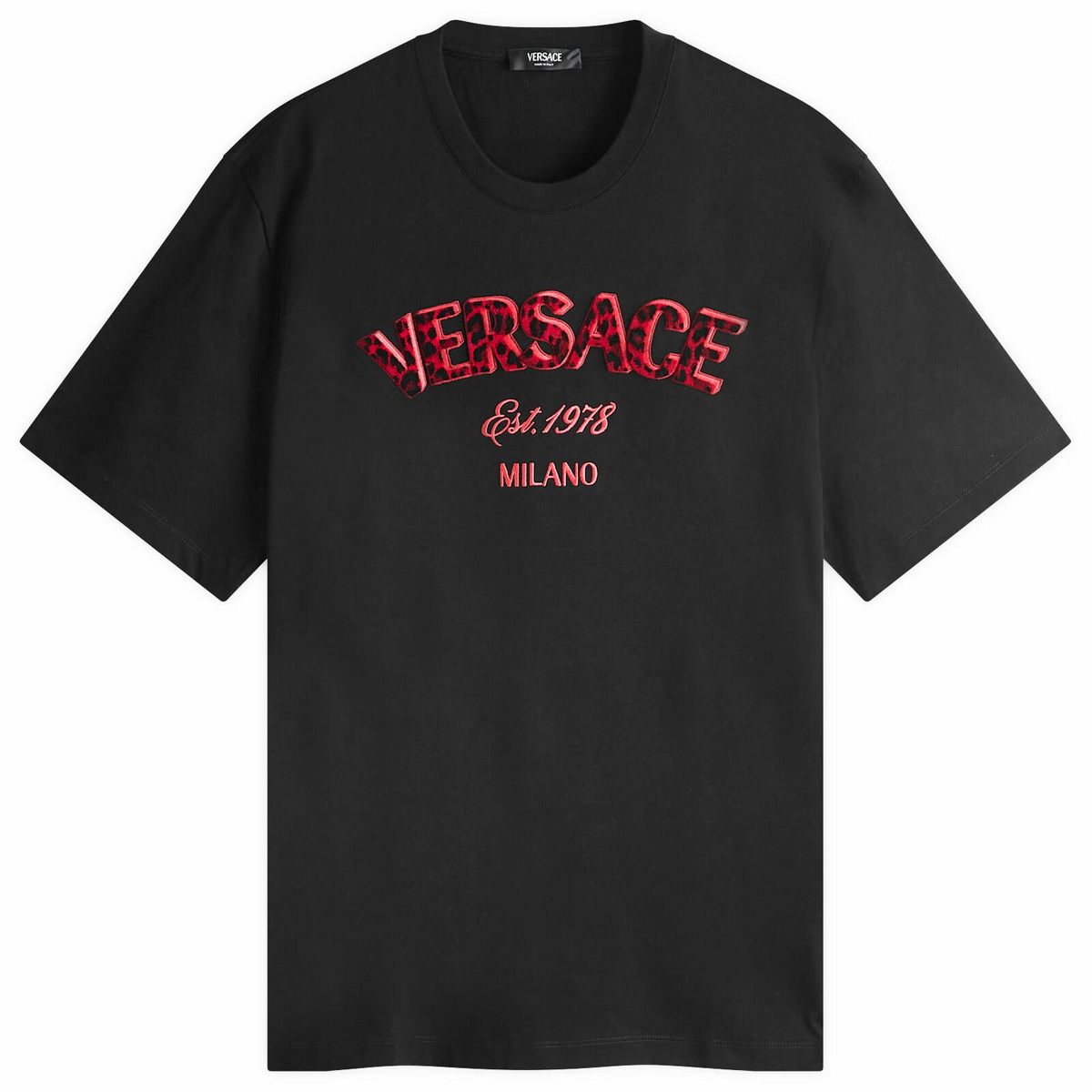Versace Men's Leopard Logo Embroidered T-Shirt in Black Versace